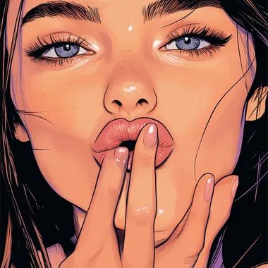 illustration close up of women blowing a kiss, with gesture of hand, frontal angle