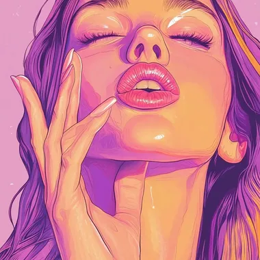 illustration close up of women blowing a kiss, with gesture of hand, frontal angle
