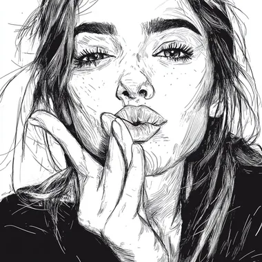 illustration close up of women blowing a kiss, with gesture of hand, frontal angle