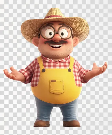 A cartoon-style farmer character with exaggerated features. He has oversized round glasses, a big nose, and a goofy smile. His clothes are bright and playful, with a red-and-white checkered shirt and bright yellow overalls. He wears a wide-brimmed straw hat that flops to one side. His hands are large and expressive, and he stands in a cheerful pose, ready to engage with children. The overall style is fun and engaging, with bold outlines and vibrant colors.