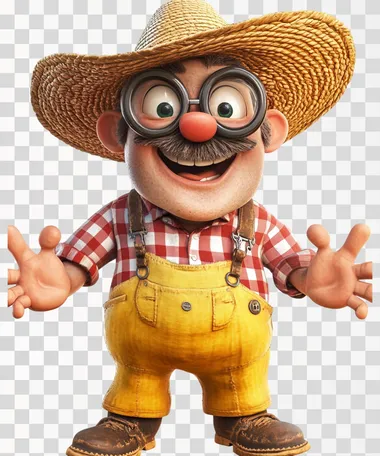 A cartoon-style farmer character with exaggerated features. He has oversized round glasses, a big nose, and a goofy smile. His clothes are bright and playful, with a red-and-white checkered shirt and bright yellow overalls. He wears a wide-brimmed straw hat that flops to one side. His hands are large and expressive, and he stands in a cheerful pose, ready to engage with children. The overall style is fun and engaging, with bold outlines and vibrant colors.