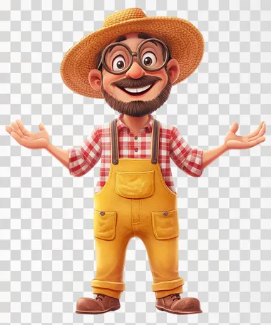 A cartoon-style farmer character with exaggerated features. He has oversized round glasses, a big nose, and a goofy smile. His clothes are bright and playful, with a red-and-white checkered shirt and bright yellow overalls. He wears a wide-brimmed straw hat that flops to one side. His hands are large and expressive, and he stands in a cheerful pose, ready to engage with children. The overall style is fun and engaging, with bold outlines and vibrant colors.