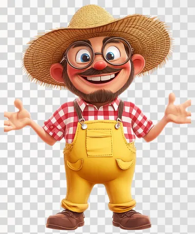 A cartoon-style farmer character with exaggerated features. He has oversized round glasses, a big nose, and a goofy smile. His clothes are bright and playful, with a red-and-white checkered shirt and bright yellow overalls. He wears a wide-brimmed straw hat that flops to one side. His hands are large and expressive, and he stands in a cheerful pose, ready to engage with children. The overall style is fun and engaging, with bold outlines and vibrant colors.