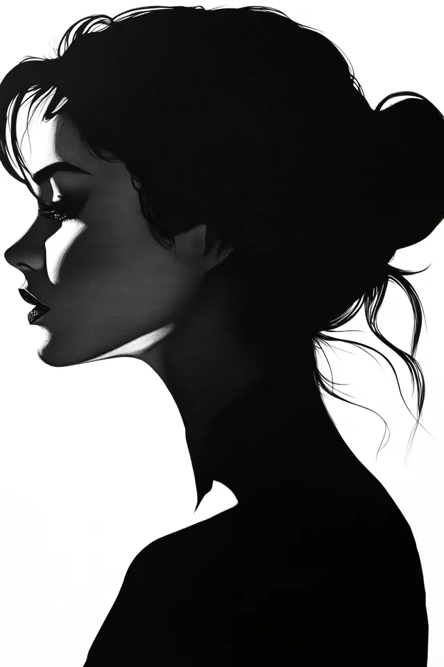 Beautiful Woman's Profile in Dark Silhouette Style - Black and White Art