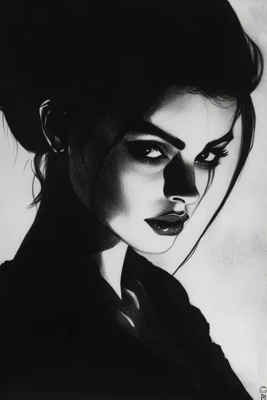 black and white drawing of a beautiful lady done in a very dark silhouette style with a lot of contrast