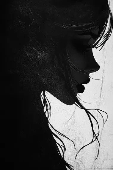 black and white drawing of a beautiful lady done in a very dark silhouette style with a lot of contrast