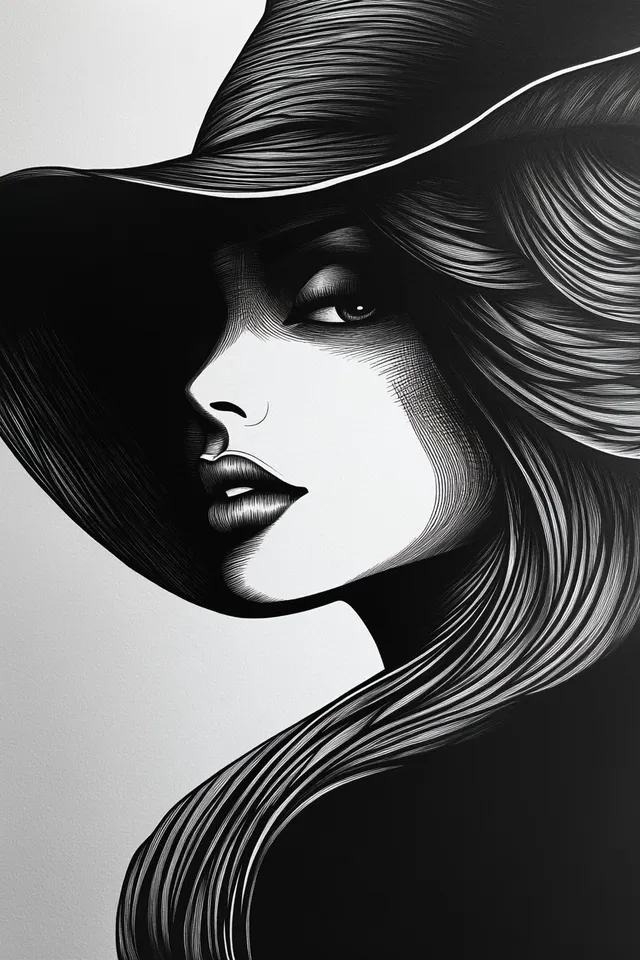 Black and White Drawing of a Beautiful Woman in Silhouette Style