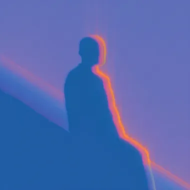 Modern, award winning composition, Panning photography of sihouettes of a man climbing a mountain with a glowing spirit at his side, fog lasers, on a purple gradient background, dreamlike, album coverart, deep house, house music --raw rofile xvhj718