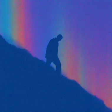 Modern, award winning composition, Panning photography of sihouettes of a man climbing a mountain with a glowing spirit at his side, fog lasers, on a purple gradient background, dreamlike, album coverart, deep house, house music --raw rofile xvhj718