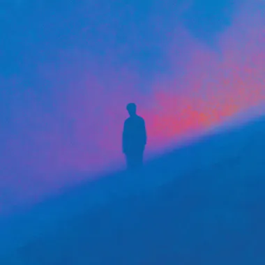 Modern, award winning composition, Panning photography of sihouettes of a man climbing a mountain with a glowing spirit at his side, fog lasers, on a purple gradient background, dreamlike, album coverart, deep house, house music --raw rofile xvhj718