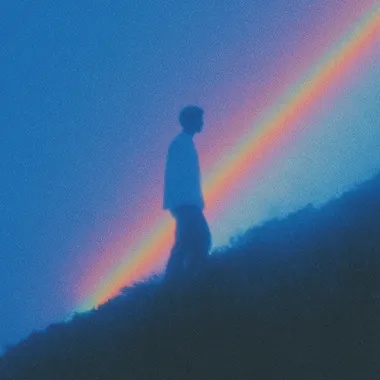 Modern, award winning composition, Panning photography of sihouettes of a man climbing a mountain with a glowing spirit at his side, fog lasers, on a purple gradient background, dreamlike, album coverart, deep house, house music --raw rofile xvhj718