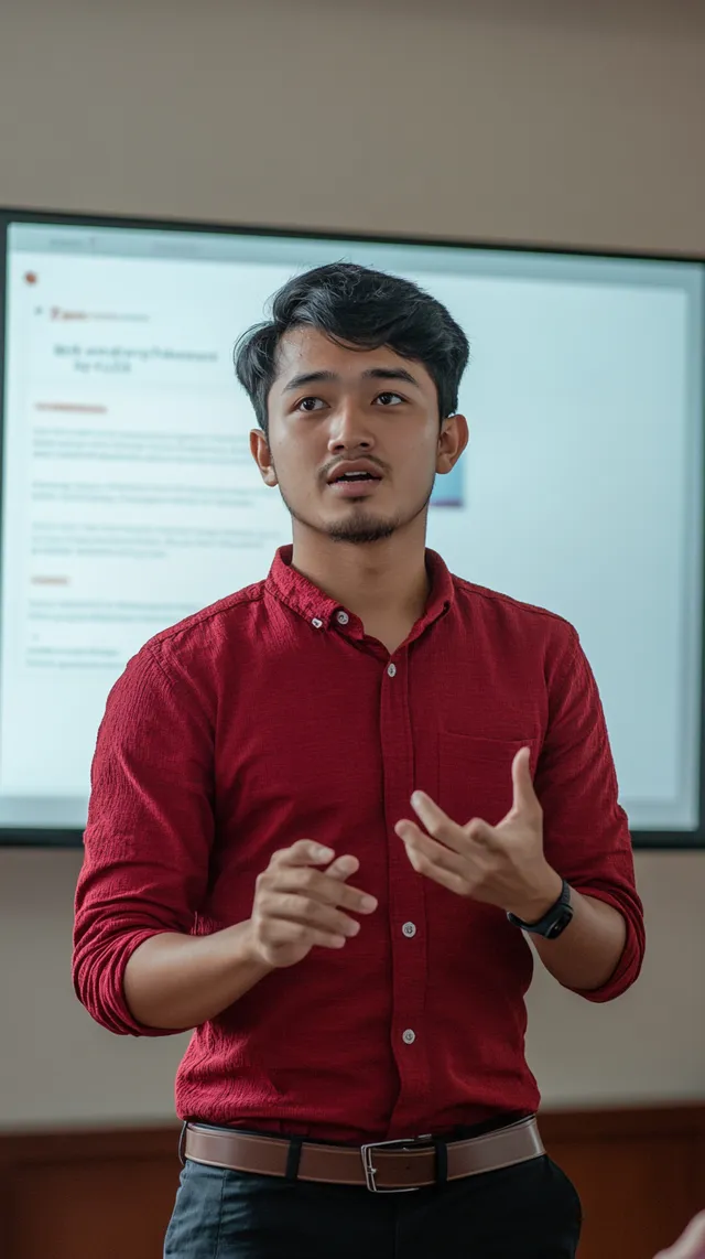 Young Indonesian Gen Z man presenting confidently in front of TV screen