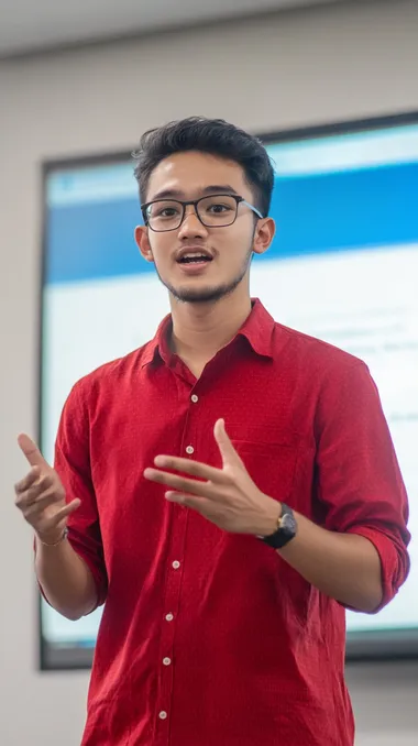 a young handsome indonesian gen z giving a presentation in front of a TV screen. He is wearing a red shirt and has a serious expression while speaking. The presentation screen is visible behind him, and he is pointing at the TV screen while speaking confidently. Full-body shot, natural lighting, full body,