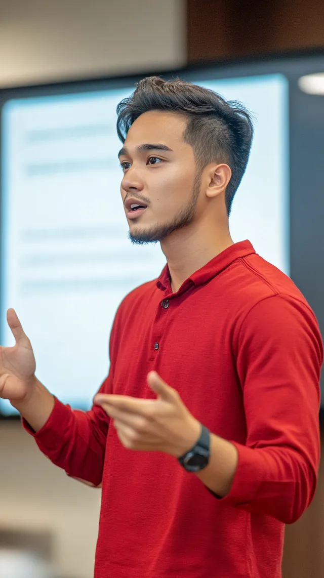Young Indonesian Gen Z man in red shirt presenting confidently indoors