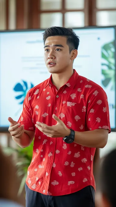 a young handsome indonesian gen z giving a presentation in front of a TV screen. He is wearing a red shirt and has a serious expression while speaking. The presentation screen is visible behind him, and he is pointing at the TV screen while speaking confidently. Full-body shot, natural lighting, full body,