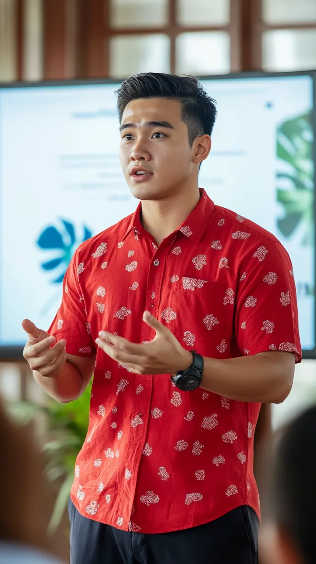 Indonesian Gen Z man in red shirt presenting confidently in Bali
