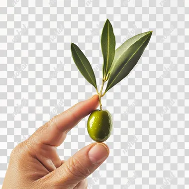 a super detailed photograph of a thumb and index finger holding an olive with an olive leaf against a white background