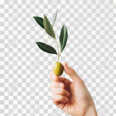a super detailed photograph of a thumb and index finger holding an olive with an olive leaf against a white background