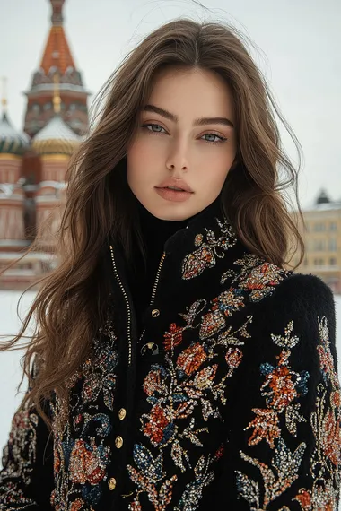 Frontal portrait of a Slavic model with long brown hair, dressed in the winter collection of Elie Saab, in luxurious jackets decorated with delicate beads. The focus is on their intricate design, with Moscow's Red Square in the background. High-speed Phantom camera, natural lighting to highlight textures and colors in the style of Elie Saab  --s 500