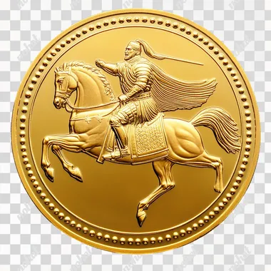 Create a shiny gold coin with a beaded rim. At the center, show a simple depiction of an Ottoman warrior in armor on a leaping horse, holding a sword pointed forward in an attack pose. Keep the design minimal and clean, with a polished, reflective gold finish