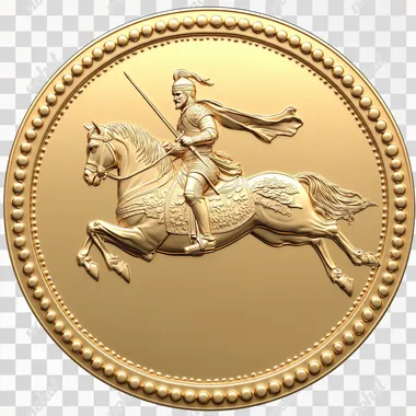 Create a shiny gold coin with a beaded rim. At the center, show a simple depiction of an Ottoman warrior in armor on a leaping horse, holding a sword pointed forward in an attack pose. Keep the design minimal and clean, with a polished, reflective gold finish