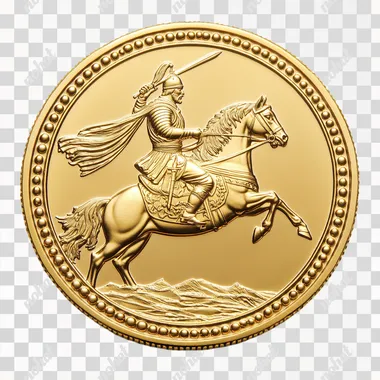 Create a shiny gold coin with a beaded rim. At the center, show a simple depiction of an Ottoman warrior in armor on a leaping horse, holding a sword pointed forward in an attack pose. Keep the design minimal and clean, with a polished, reflective gold finish