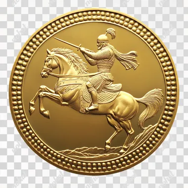 Create a shiny gold coin with a beaded rim. At the center, show a simple depiction of an Ottoman warrior in armor on a leaping horse, holding a sword pointed forward in an attack pose. Keep the design minimal and clean, with a polished, reflective gold finish