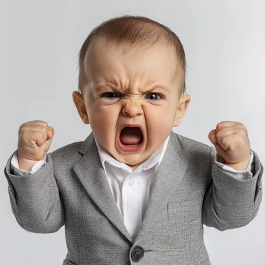 Baby, angry expression, furrowed brow, open mouth yelling, clenched fists raised, light gray suit jacket, white shirt, pale skin, studio lighting, high contrast, emotional portrait, intense facial features, dramatic pose, white background, close-up shot, expressive, powerful emotion, infant rage, confrontational stance, photorealistic, high detail
