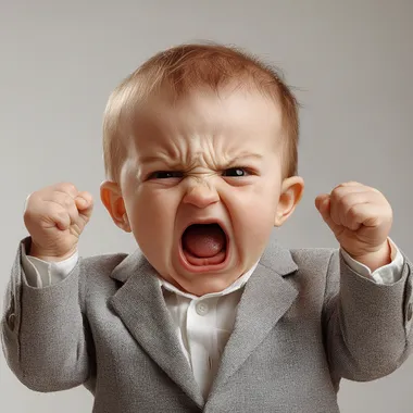 Baby, angry expression, furrowed brow, open mouth yelling, clenched fists raised, light gray suit jacket, white shirt, pale skin, studio lighting, high contrast, emotional portrait, intense facial features, dramatic pose, white background, close-up shot, expressive, powerful emotion, infant rage, confrontational stance, photorealistic, high detail