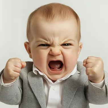 Baby, angry expression, furrowed brow, open mouth yelling, clenched fists raised, light gray suit jacket, white shirt, pale skin, studio lighting, high contrast, emotional portrait, intense facial features, dramatic pose, white background, close-up shot, expressive, powerful emotion, infant rage, confrontational stance, photorealistic, high detail