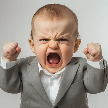Baby, angry expression, furrowed brow, open mouth yelling, clenched fists raised, light gray suit jacket, white shirt, pale skin, studio lighting, high contrast, emotional portrait, intense facial features, dramatic pose, white background, close-up shot, expressive, powerful emotion, infant rage, confrontational stance, photorealistic, high detail