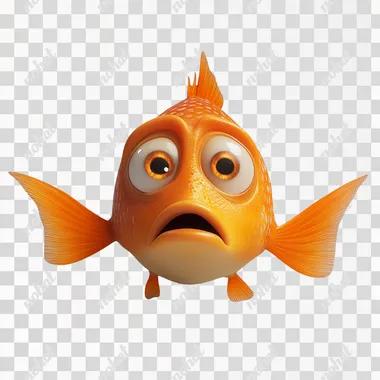 An orange fish with a scared Pixar and Disney-style face on a plain white background