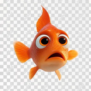 An orange fish with a scared Pixar and Disney-style face on a plain white background