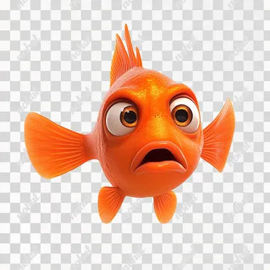 An orange fish with a scared Pixar and Disney-style face on a plain white background
