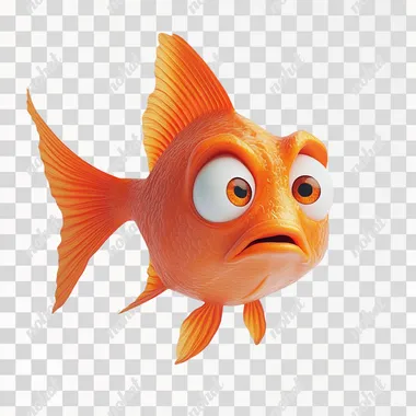 An orange fish with a scared Pixar and Disney-style face on a plain white background