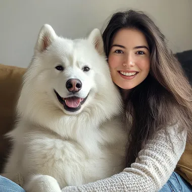 a picture of a samoyed dog and its owner sitting on a couch, looking at the camera and smiling