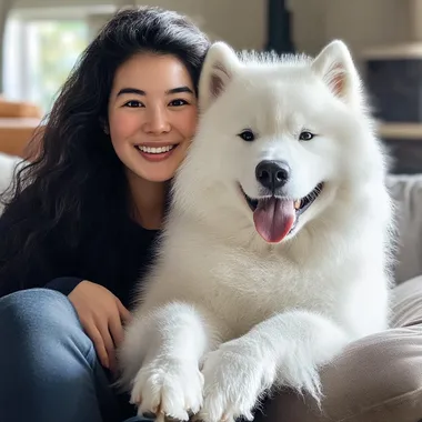 a picture of a samoyed dog and its owner sitting on a couch, looking at the camera and smiling