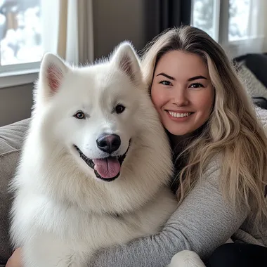 a picture of a samoyed dog and its owner sitting on a couch, looking at the camera and smiling