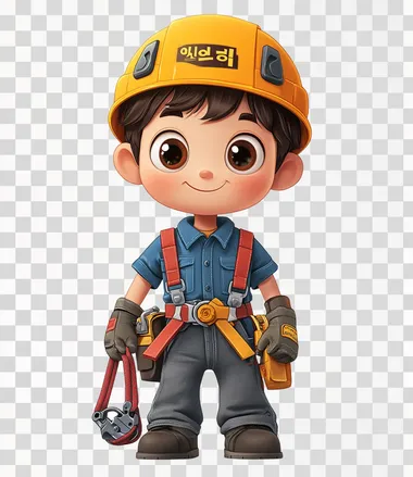 The character is wearing a safety helmet, climbing harness, and shoes with unreadable Korean text on a white background. This is a vector illustration of a cartoon boy dressed as a construction worker in full gear, showing the details of his uniform. The young man has big eyes, short hair, a blue shirt, red suspenders, and grey pants. He is smiling at the camera while standing upright with his hands down, in the style of a double exposure photography style.  --s 250