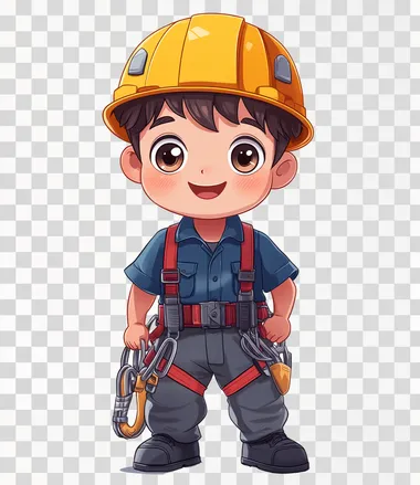 The character is wearing a safety helmet, climbing harness, and shoes with unreadable Korean text on a white background. This is a vector illustration of a cartoon boy dressed as a construction worker in full gear, showing the details of his uniform. The young man has big eyes, short hair, a blue shirt, red suspenders, and grey pants. He is smiling at the camera while standing upright with his hands down, in the style of a double exposure photography style.  --s 250