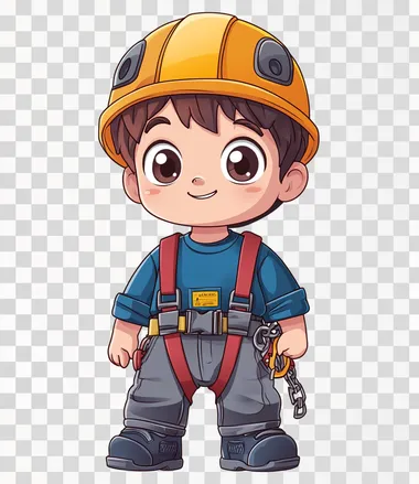 The character is wearing a safety helmet, climbing harness, and shoes with unreadable Korean text on a white background. This is a vector illustration of a cartoon boy dressed as a construction worker in full gear, showing the details of his uniform. The young man has big eyes, short hair, a blue shirt, red suspenders, and grey pants. He is smiling at the camera while standing upright with his hands down, in the style of a double exposure photography style.  --s 250