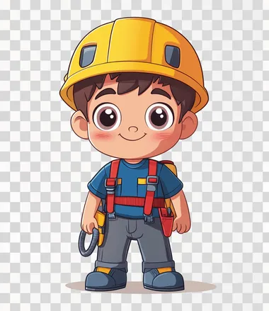 The character is wearing a safety helmet, climbing harness, and shoes with unreadable Korean text on a white background. This is a vector illustration of a cartoon boy dressed as a construction worker in full gear, showing the details of his uniform. The young man has big eyes, short hair, a blue shirt, red suspenders, and grey pants. He is smiling at the camera while standing upright with his hands down, in the style of a double exposure photography style.  --s 250