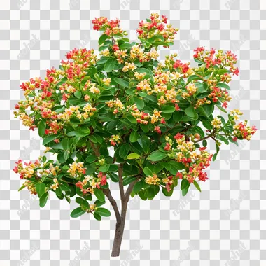 Shrub with small red and yellow flowers, green leaves on a white background, cut out as a PNG file with a transparent background. This flowering shrub is a winning stock photo for garden or landscaping design elements, in high resolution. The photo was taken with a Canon EOS R with a 35mm f/1.8 lens, f/2.2 aperture, shutter speed of 1/200 sec and ISO 100 in natural light. The image is hyper-realistic, ultra-detailed, UHD, color correction, HDR, color grading, hyper-realistic CG animation, HDR