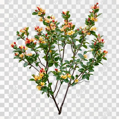 Shrub with small red and yellow flowers, green leaves on a white background, cut out as a PNG file with a transparent background. This flowering shrub is a winning stock photo for garden or landscaping design elements, in high resolution. The photo was taken with a Canon EOS R with a 35mm f/1.8 lens, f/2.2 aperture, shutter speed of 1/200 sec and ISO 100 in natural light. The image is hyper-realistic, ultra-detailed, UHD, color correction, HDR, color grading, hyper-realistic CG animation, HDR