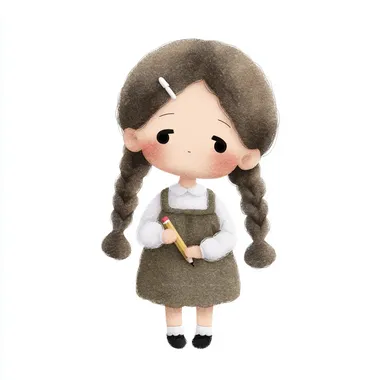 adorable hand-drawn style illustration of a cute chibi girl with braided pigtails, holding a pencil weakly in her hand but staring blankly ahead without writing anything. pastel tones, white background, delicate hand-drawn linework, lazy working vibe, perfect for LINE sticker. rofile d57mnkl