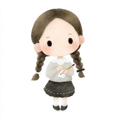 adorable hand-drawn style illustration of a cute chibi girl with braided pigtails, holding a pencil weakly in her hand but staring blankly ahead without writing anything. pastel tones, white background, delicate hand-drawn linework, lazy working vibe, perfect for LINE sticker. rofile d57mnkl