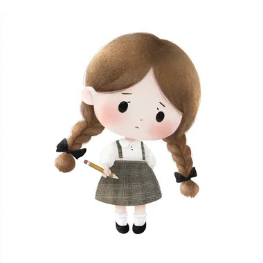 adorable hand-drawn style illustration of a cute chibi girl with braided pigtails, holding a pencil weakly in her hand but staring blankly ahead without writing anything. pastel tones, white background, delicate hand-drawn linework, lazy working vibe, perfect for LINE sticker. rofile d57mnkl