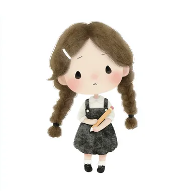 adorable hand-drawn style illustration of a cute chibi girl with braided pigtails, holding a pencil weakly in her hand but staring blankly ahead without writing anything. pastel tones, white background, delicate hand-drawn linework, lazy working vibe, perfect for LINE sticker. rofile d57mnkl