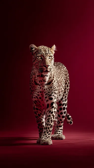 extreame wide angle shot of a leopard standing in the middle of a studio background, deep red mountains stretching in the distance. Studio lighting. luxury, power, and elegance in every detail