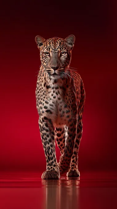 extreame wide angle shot of a leopard standing in the middle of a studio background, deep red mountains stretching in the distance. Studio lighting. luxury, power, and elegance in every detail